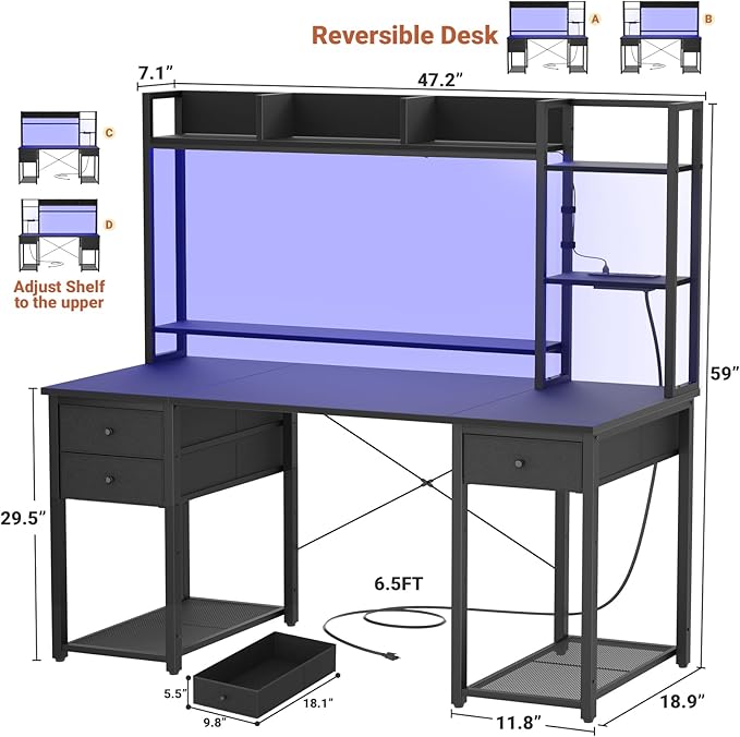 Aheaplus LED Gaming Desk with Hutch, 47.2'' Computer Workstation, Black