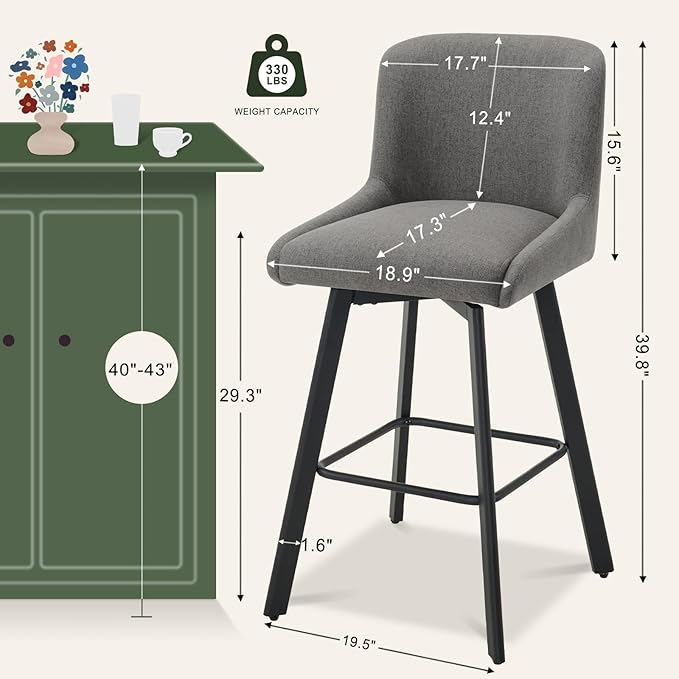 Swivel Bar Stools Set of 4, 30''H Upholstered Barstools with Backs, Modern Counter Height Bar Stool Chairs for Kitchen Island, Metal Legs, Fabric, Gray Counter Stools