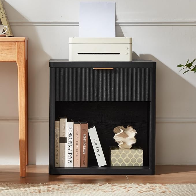 LEYAOYAO Fluted Farmhouse Nightstand Set of 2 with Charging Station, 23" Wide 1 Drawers End Table,Black Dresser for Bedroom,Bed Side Table Chest of Drawers Cabinet,Wood Night Stand for Living Room