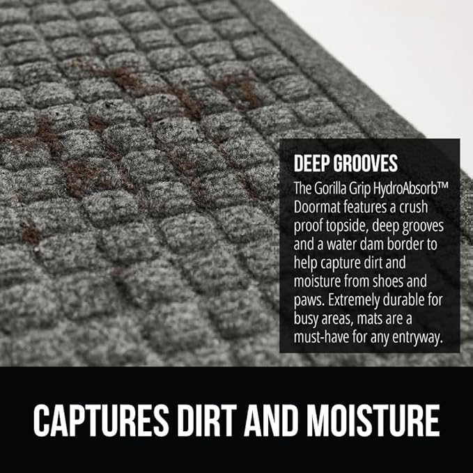 GORILLA GRIP Front Door Mat, 35x23, Indoor Outdoor Ultra Absorbent HydroAbsorb Doormat, Absorbs Up to 5.7 Cups of Water, Stain and Fade Resistant, Rubber Backing Doormats, Captures Dirt, Gray