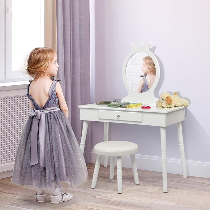 Costzon Kids Vanity Set, Wooden Princess Makeup Table with Cushioned Stool, Large Drawer, Solid Wooden Legs and Crown Mirror, Make Up Dressing Table Set for Girls (White)