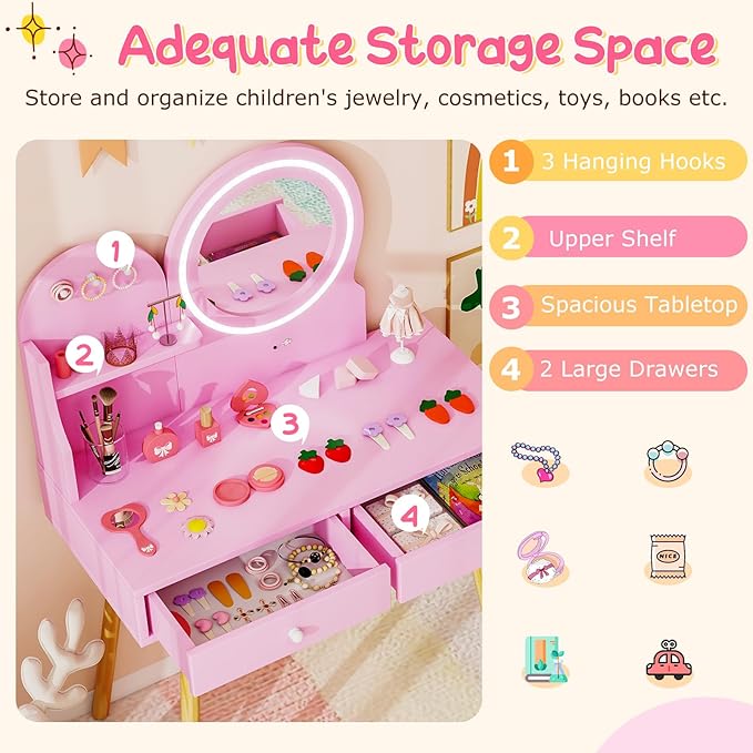 Costzon Kids Vanity, Girls Vanity Set with Mirror and Stool and Lights, Drawers, Storage Shelf & Hooks, 2 in 1 Makeup Desk Dressing Table, Kids Vanity Table and Chair Set (Pink)