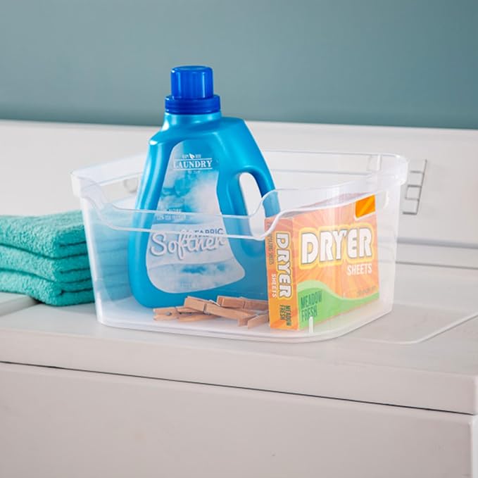 Sterilite 7 x 11 x 14.25 Inch Polished Open Scoop Front Storage Bin with Comfortable Carry Through Handles for Household Organization, Clear (18 Pack)