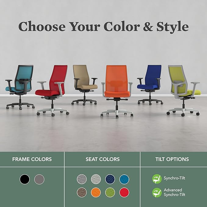 HON Ignition 2.0 Mid Back Task Chair, Spectrum Mesh, Standard Synchro-Tilt Control, Office Chair with Lumbar Support, Height and Width Adjustable Arms, Titanium Frame, Linen
