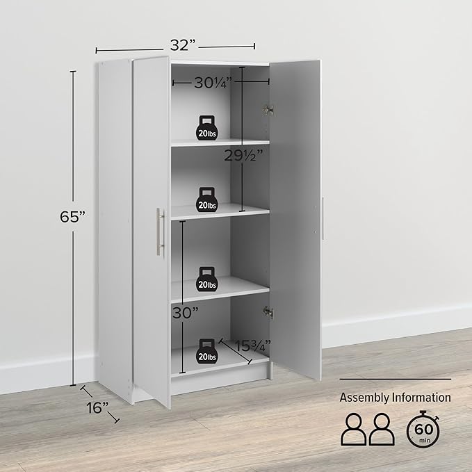 Prepac Elite Tall Garage Storage Cabinet & Pantry Storage Cupboard, 2-Door Freestanding Bathroom or Pantry Cabinet with Adjustable Shelves, 16" D x 32" W x 65" H, Light Gray
