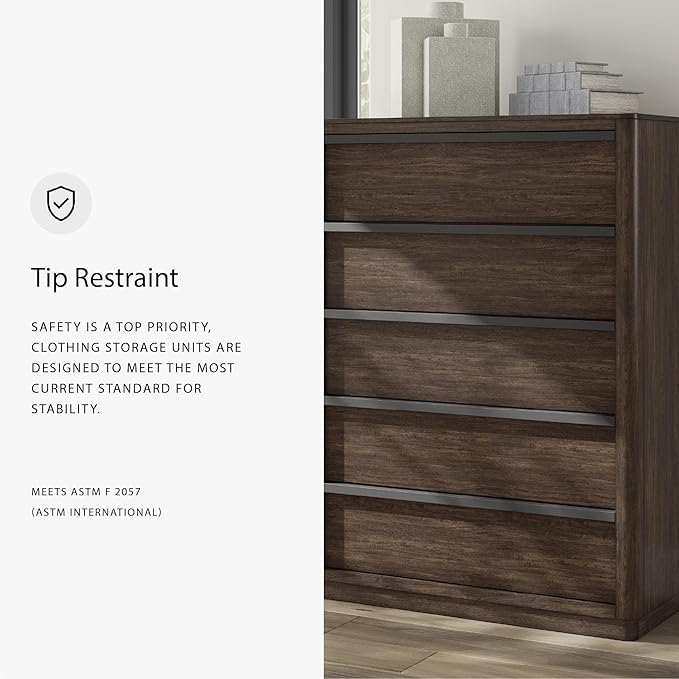 Signature Design by Ashley Kendamor Contemporary 5-Drawer Chest with Felt-Lined Top Drawer and Easy Glide for Bedroom, Dark Brown