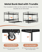 Full XL Over Queen Bunk Bed with Trundle, Heavy-Duty Queen Bunk Bed with with Safety Ladder and Full-Length Guardrail, Convertible to 3 Beds for Teens and Adults, Black