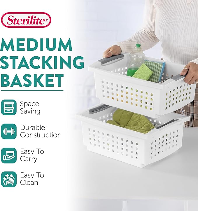 Sterilite Stackable Storage Bin and Organization Basket with Flip Down Accent Rails for Home and Household Organization, Medium, White (30 Pack)