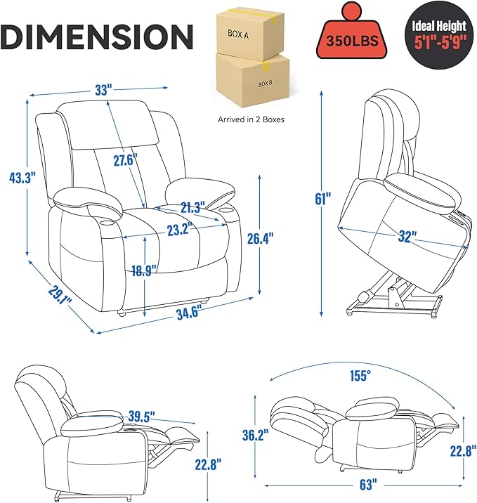 Power Lift Recliner Chair, 350lb Capacity with 8-Point Massage & Heating, USB/Type-C Ports & Cup Holders, Heavy Duty Chenille Recliner for Elderly, Blue Grey
