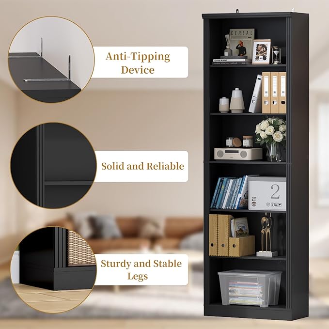 75" Tall Bookshelf & Bookcase, 6-Tier Adjustable Storage Shelves, Book Shelf with Anti-Tipping Device, Floor Standing Modern Display Rack for Living Room, Bedroom, Office, Black