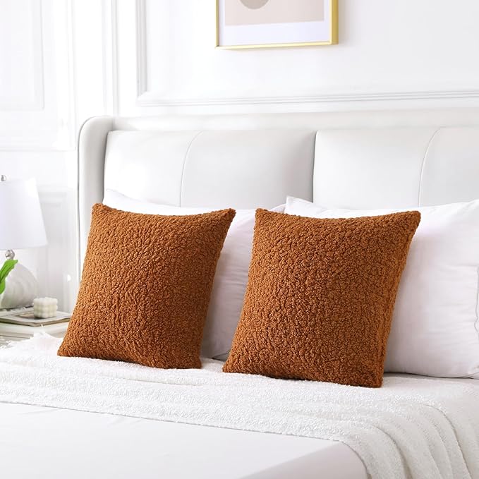 FUTEI Rust Throw Pillow Covers 16x16 Inch Set of 2,Furry Faux Fur Teddy Boucle Textured Cushion Covers,Soft Fluffy Decorative Pillow Case,Home Decor for Couch Bed Living Room Office Car