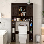 Over The Toilet Storage Cabinet, Farmhouse Toilet Cabinet Rack with Barn Doors, Space Saving Bathroom Organizer with Shelves, Toilet Paper Holder and Towel Rack for Bathroom,Restroom,Laundry,Walnut