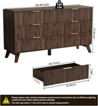 6 Drawer Dresser, 53.43 Inch Fluted Wood Double Dresser Curved Design Wide Storage Organizer Cabinet Mid Century Modern Chest Dressers for Bedroom Living Room Entryway(Walnut)