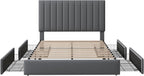 Allewie Queen Size Storage Bed Frame, Vertical Channel Tufted Adjustable Headboard, Velvet Upholstered Platform Bed with 4 Oversized Underbed Drawers, Wooden Slats Support, No Box Spring Needed, Grey