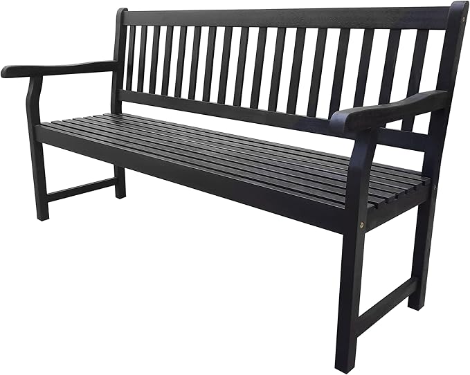 JONATHAN Y BNH101C Laurel 59.1" 3-Seat Slat-Back 600-Lbs Support Acacia Wood Outdoor Garden Patio Bench for Garden, Lawn, Backyard, Pool, Deck, Beach, Firepit, Black