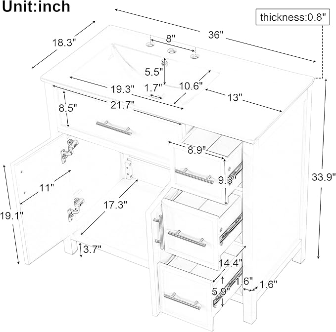 Favfurish 36" Bathroom Vanity with Sink Combo,Bathroom Vanity Cabinet with Two Soft-Closing Doors and Four Drawers,Free Stading Vanities w/Gold Handler,for Bathroom,Easy Assembly,White