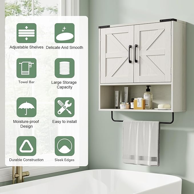 Bathroom Wall Cabinet Over Toilet 24x24 Inch Farmhouse Medicine Cabinet with Towel Bar, 2 Door, Motion Sensor Light & Adjustable Shelves, White Above Toilet Storage for Laundry or Kitchen