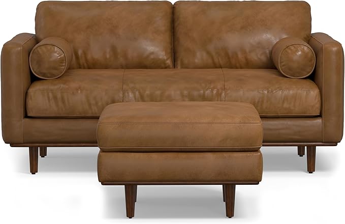 SIMPLIHOME Morrison Mid-Century Modern 72 inch Wide Sofa with Ottoman Set in Caramel Brown Genuine Leather for the Living Room and Family Room