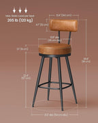VASAGLE EKHO Collection - Bar Stools Set of 2, Swivel Counter Height Bar Stools with Back, Synthetic Leather with Stitching, Mid-Century Modern, 25.6-Inch Tall Barstools for Kitchen Bar, Caramel Brown