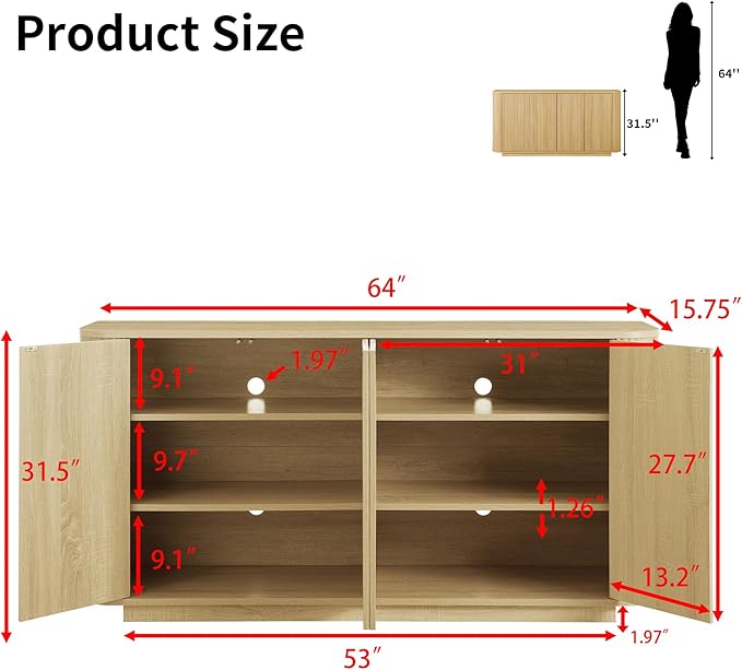 LKTART 64" Buffet Cabinet with Storage, Modern Fluted Accent Sideboard Media Console Credenza with Adjustable Shelves Pressed Spring for Kitchen Living Room,31.5" H (Natural Oak)