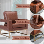 Modern Accent Chair Set of 2, PU Leather Upholstered Side Chair with Backrest, Comfy Armchair Side Chair with Golden Metal Base for Living Room Reception Room, Brown