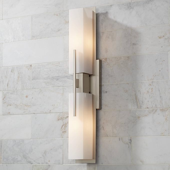 Possini Euro Design Midtown Mid Century Modern Wall Mount Light Brushed Nickel Silver Metal 23 1/2" Wide 2-Light Vanity Fixture Rectangular White Glass Decor for Bathroom Over Mirror House Home