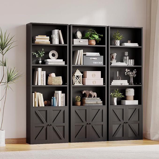 MXV 6-Tier Bookshelf and Bookcase Set of 2, Wooden Bookshelves with Cabinet Doors, Floor Bookshelves and Office Storage Cabinets for Home Office, Living Room (Black 2 Pack, 6-Tier)