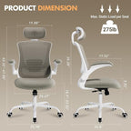 Ergonomic Office Chair with Adjustable Lumbar Support & Headrest, High Back Mesh Desk Chair with Flip-Up Armrests, Breathable & Comfortable Computer Chair for Home, Office & Study –Khaki