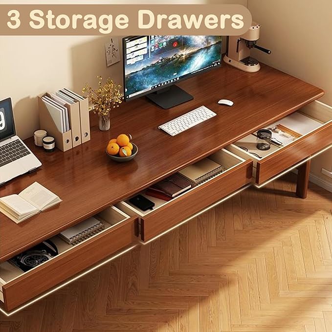 70.86" Long Solid Wood Desk with 3 Drawers Home Office Computer Desk Mid Century Modern Large Study Writing Desk Simple Real Wood Desk Study Table Workstation, Walnut