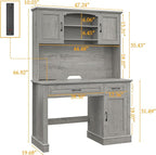 Farmhouse 47" Executive Desk with Hutch, 2 Drawers and LED Light, Computer Desk with Storage Cabinet and Charging Station,Workstation for Home Office and Study.Grey