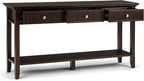 SIMPLIHOME Acadian Console Table - 60 Inch Wide Solid Wood Sofa Table in Brunette Brown, Transitional Storage Table for Entryway or Living Room with 3 Drawers and Open Bottom Shelf