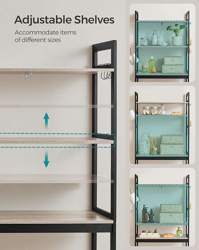 SONGMICS Over-The-Toilet Storage, 3-Tier Bathroom Organizer Over Toilet with Adjustable Shelves, Hooks, Bamboo, Freestanding Space Saver Bathroom Shelves, Heather Greige and Ink Black UBTS012W01