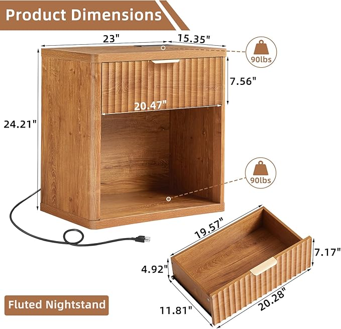 LEYAOYAO Fluted Farmhouse Nightstand Set of 2 with Charging Station, 23" Wide 1 Drawers Night Stand,Brown Dresser for Bedroom,Bed Side Table Chest of Drawers,Wood End Table for Living Room