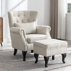 Mid Century Modern Accent Chair Upholstered Armchair Comfy Linen Fabric Tufted Wingback Single Sofa with Ottoman for Bedroom Living Room, Beige