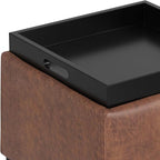 SIMPLIHOME Natasha 18 inch Wide Contemporary Square Mid Century Storage Ottoman with Tray in Distressed Saddle Brown Vegan Faux Leather, Assembled, For the Living Room, Entryway and Family Room