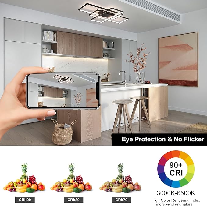 GEADI Large Modern LED Ceiling Light, 35.4" Dimmable Flush Mount Ceiling Lights with Remote Control, Black 3 Rectangular Light Fixtures for Kitchen Bedroom Dining Room(3000-6500K)