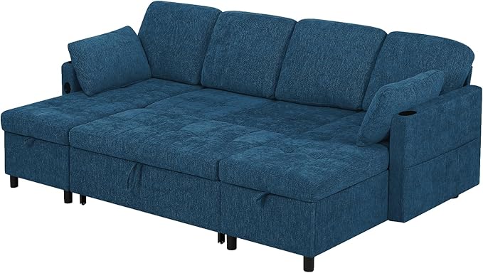 110" Sectional Pull Out Sofa Bed with Adjustable Backrests, U-Shaped Sleeper Sofa with USB Ports, Upholstered Reversible Couch with Cup Holder & Storage Space for Living Room, House, Blue