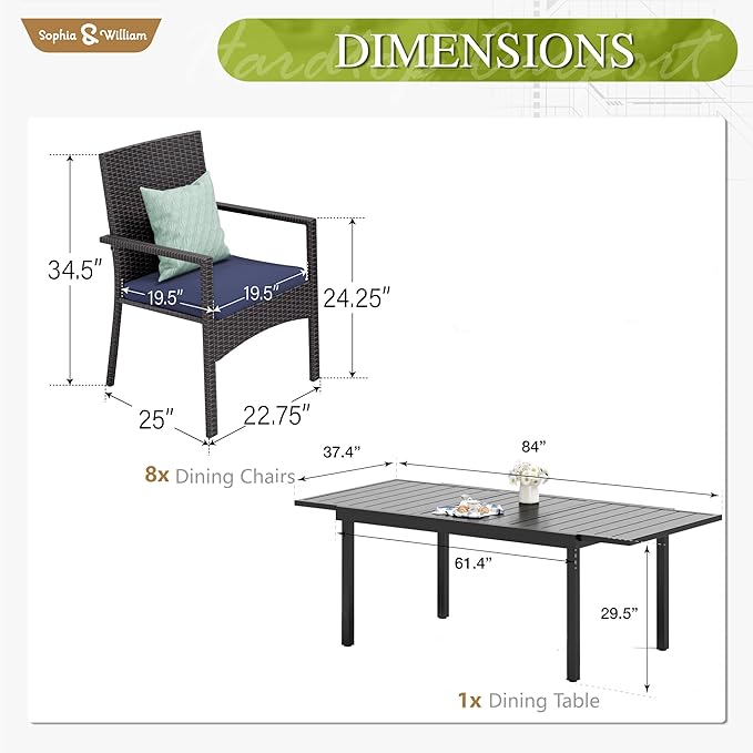 Sophia & William 9 Pieces Expandable Patio Dining Set, Extendable Rectangular Patio Table and Chairs Set for 8, Metal Outdoor Table and Rattan Chairs, All Weather Outdoor Dining Set