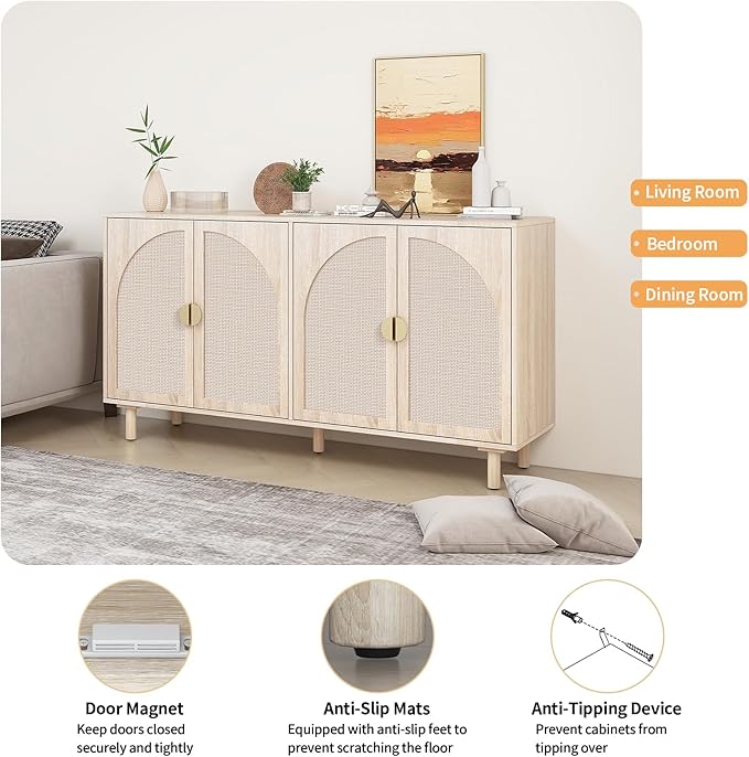 Beige Sideboard Cabinet with 4 Rattan Doors, Rattan Buffet Cabinet with Adjustable Shelves & Pine Legs, Boho Sideboard Buffet for Living Room, Kitchen, Entryway, Beige