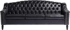 LEVNARY Mid-Century Modern Leather Couch, 80" Large Upholstered Sofa with High Back, Chesterfield Sofa Sleeper Settee with Solid Wood Legs, Tufted 3 Seater Wide Couches for Living Room Office (Black)