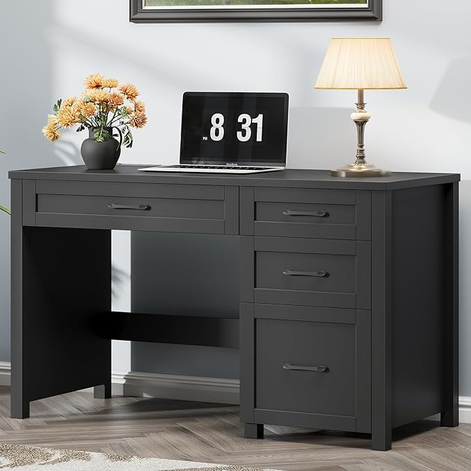 Farmhouse 47" Executive Desk, Computer Desk with File Drawer and Charging Station, Workstation for Home Office, Study(Pure Black)