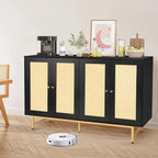 Sideboard Buffets Cabinet with 4 Rattan Doors, Large Storage Accent Cabinet Credenzas Modern Console Table for Living Room, Kitchen (Black)