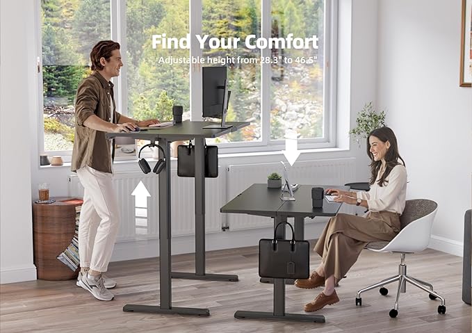YDN Electric Standing Desk Adjustable Height, 48 x 24 Inches Stand up Desk with Cable Management, Home Office Desks with Splice Board & Black Frame, Black Top