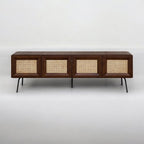 NTC Mossic TV Media Cabinet with 4 Doors for TVs, Entertainment Center with Natural Rattan, Metal Legs, Modern Storage Console for Living Room and Bedroom, Effortless Assembly, Dark Walnut