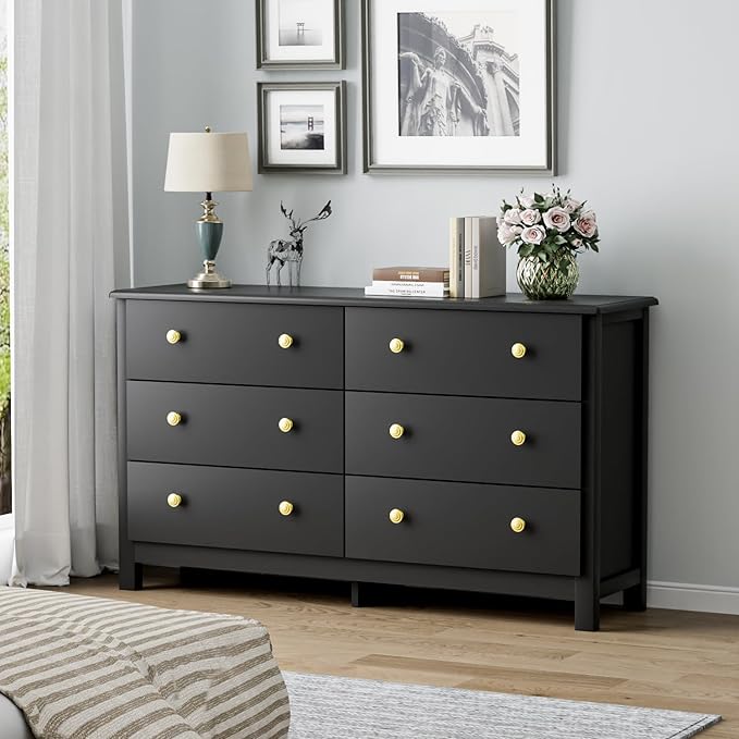 Black Dresser, Modern 6 Drawer Double Dresser for Bedroom with Gold Knobs, Adults & Kids Wide Dressers & Chests of Drawers for Hallway, Entryway