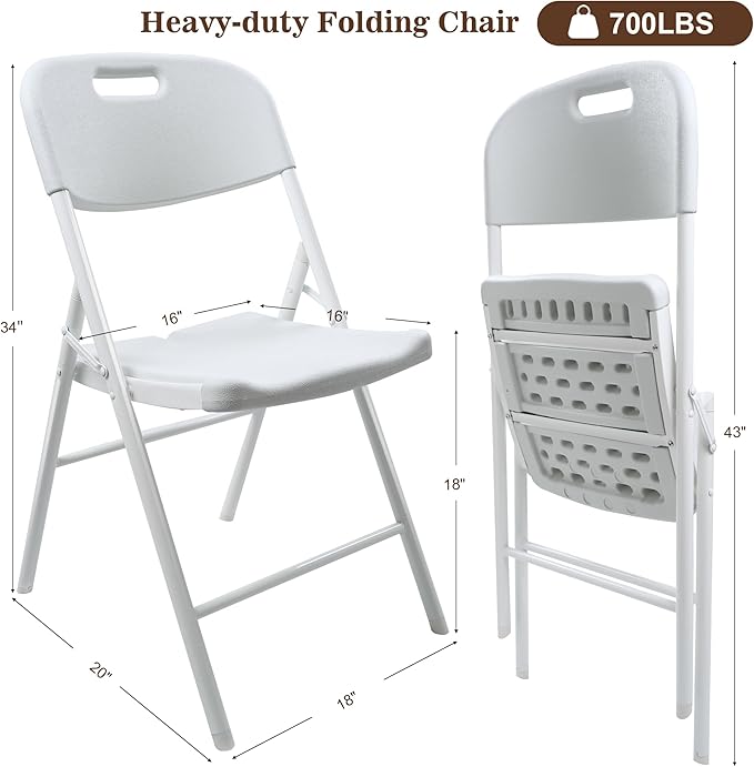 6 Pack Folding Chair, 700 lb Weight Capacity,Indoor/Outdoor Heavy Duty Foldable Chairs for Restaurants, Kitchens, Picnics, Races, Parties & Weddings. (6, White)