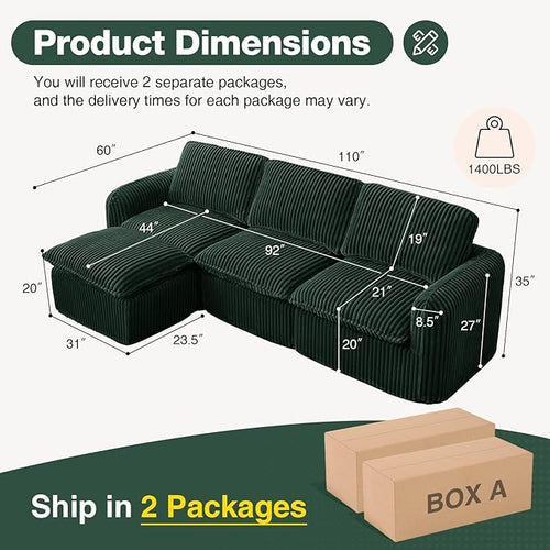110'' Boneless Modular Cloud Couch for Living Room, Comfy Cloud Modular Sectional Couch with Ottoman, Convertible L Shaped Couches for Apartment, Dorm, No Assembly Required, Green Corduroy