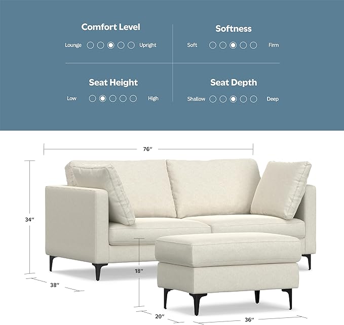 SIMPLIHOME Ava Sofa and Ottoman in 100% Recycled Polyester Performance Fabric, Cream, 76-inch-Wide 2-Seater Loveseat and Matching 36-inch-Wide Table Ottoman for Living Room, 2-Piece Set