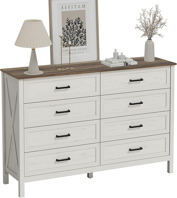 LYNSOM Farmhouse 8 Drawer Dresser for Bedroom, 55 Inch Wide Wood Rustic Chest of Drawers with X-Marking & Bar Handle, Large Storage Dressers Organizer for Bedroom, Living Room, Antique White