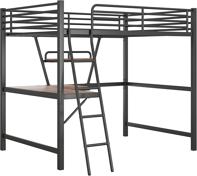 Full Size Loft Metal Bed with Desk and Shelf,Modern Bedroom Bed Frame w/Full-Length Guardrails & Ntegrated Ladder,Slat Support,for Adult Kid Boy Girl Teen,Black